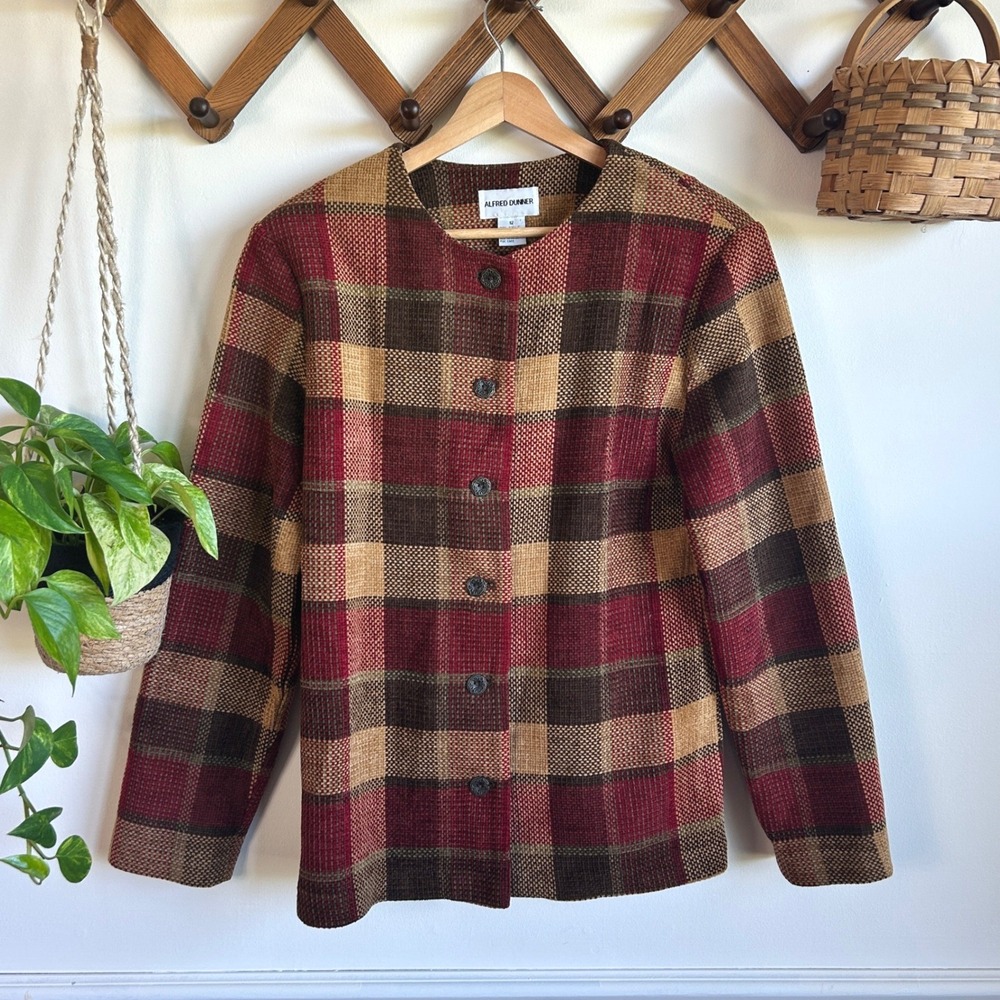 Vintage Alfred Dunner Red Tan Plaid Button Up Jacket Bohemian Western Cottage